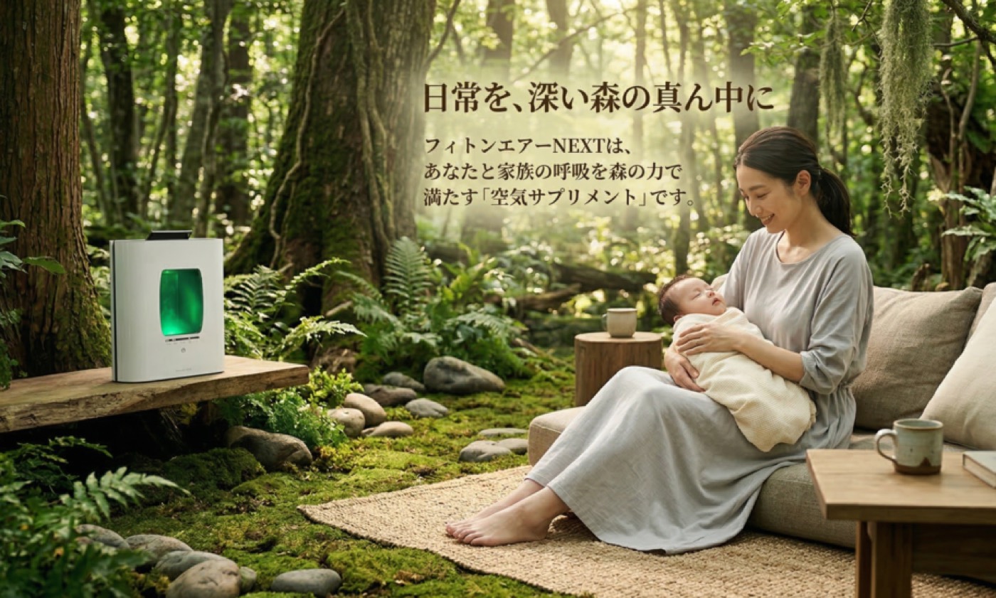 森の中に置かれたフィトンエアー NEXT とくつろぐ家族